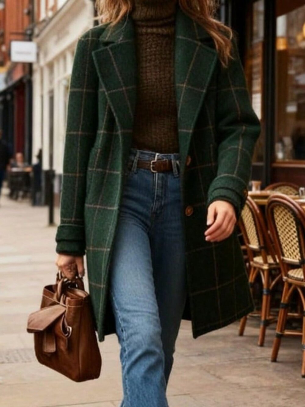 Dark Green Casual Women's Plaid Rib-Knit Single Breasted Regular Trench Coat - Picture 5 of 7